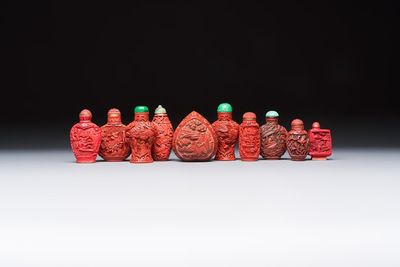 Nine Chinese cinnabar lacquer snuff bottles and a covered box, Qianlong marks, 19/20th C.