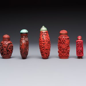 Nine Chinese cinnabar lacquer snuff bottles and a covered box, Qianlong marks, 19/20th C. — photo 11
