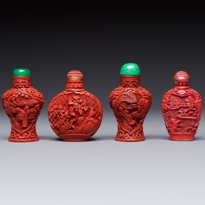 Nine Chinese cinnabar lacquer snuff bottles and a covered box, Qianlong marks, 19/20th C. — photo 2