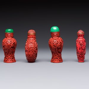 Nine Chinese cinnabar lacquer snuff bottles and a covered box, Qianlong marks, 19/20th C. — photo 3