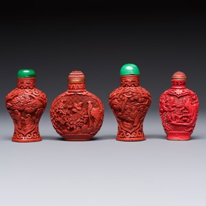 Nine Chinese cinnabar lacquer snuff bottles and a covered box, Qianlong marks, 19/20th C. — photo 4