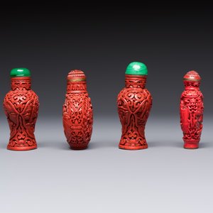 Nine Chinese cinnabar lacquer snuff bottles and a covered box, Qianlong marks, 19/20th C. — photo 5