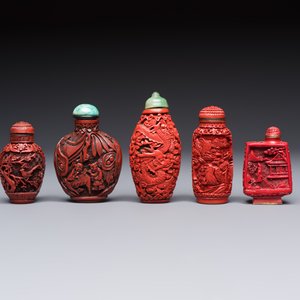 Nine Chinese cinnabar lacquer snuff bottles and a covered box, Qianlong marks, 19/20th C. — photo 8