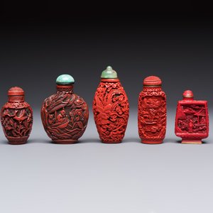 Nine Chinese cinnabar lacquer snuff bottles and a covered box, Qianlong marks, 19/20th C. — photo 10