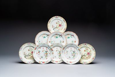 Nine Chinese famille rose plates with floral design, Qianlong