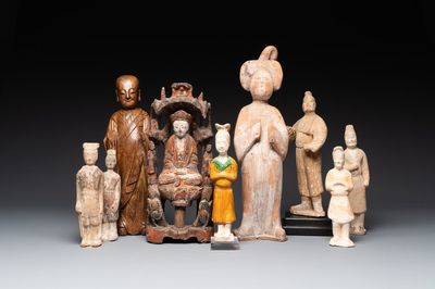 Nine Chinese terracotta and wooden figures, Northern Qi and later