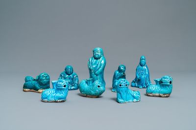 Nine Chinese turquoise-glazed figures and water droppers, Kangxi and later