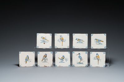 Nine polychrome Dutch Delft 'bird' tiles, 17th C.