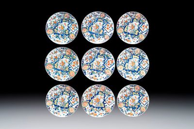 Nine polychrome Dutch Delft 'Lightning' plates, 17/18th C.