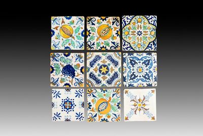 Nine polychrome Dutch Delft ornamental tiles, early 17th C.