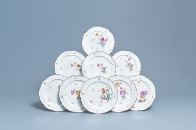 Nine polychrome Höchst porcelain plates with flowers, Germany, 18th C.