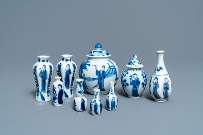 Nine small Chinese blue and white 'Long Eliza' vases, Kangxi