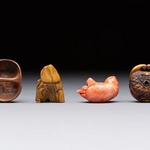 Nine various Japanese netsuke, an inro, a tsuba, a yatate, a bamboo kiseruzutsu and a covered bronze box, Edo/Meiji, 19th C. — photo 4