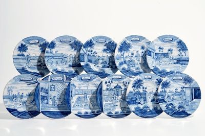 Onze assiettes des series des mois en faïence de Delft bleu et blanc, 19ème