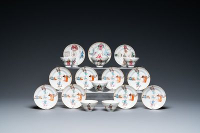 Onze soucoupes et six tasses en porcelaine de Chine famille rose à décor 'Wu Shuang Pu', la plupart marque et époque de Daoguang