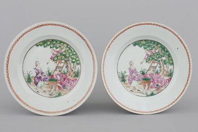 Paar "Cherry Pickers"-borden in Chinees export porselein, Qianlong, 18e eeuw
