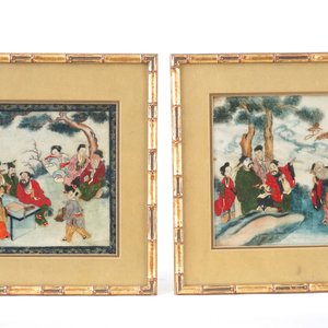 Paar Chinese schilderijen ingelijst in 'faux-bamboo', 19e eeuw — foto 1