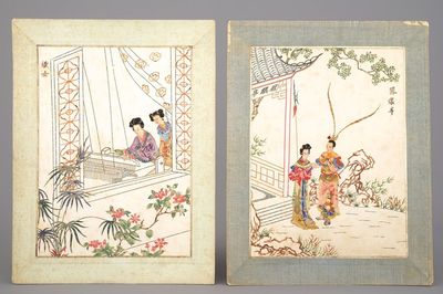 Paar collages met verknipt Chinees papier en postzegels, 19e-20e eeuw