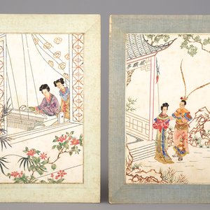 Paar collages met verknipt Chinees papier en postzegels, 19e-20e eeuw — foto 1