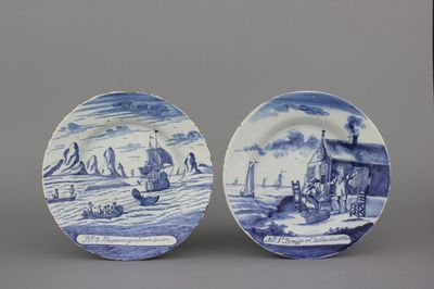 Paar Delftse borden met decor van de "Haringvangst", ca 1750
