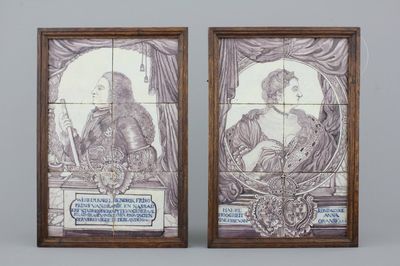 Paar Delftse tegeltableaus in mangaan en blauw met koninklijke portretten, 18e eeuw
