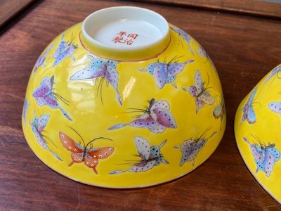 Paire de bols en porcelaine de Chine famille rose à décor de papillons sur fond jaune, marque et époque de Tongzhi — photo 8
