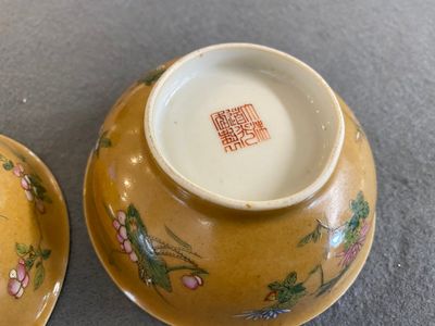 Paire de bols en porcelaine de Chine famille rose à décor de sauterelles sur fond café au lait, marque et époque de Daoguang — photo 3