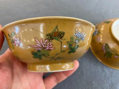 Paire de bols en porcelaine de Chine famille rose à décor de sauterelles sur fond café au lait, marque et époque de Daoguang — photo 4