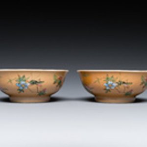 Paire de bols en porcelaine de Chine famille rose à décor de sauterelles sur fond café au lait, marque et époque de Daoguang — photo 2