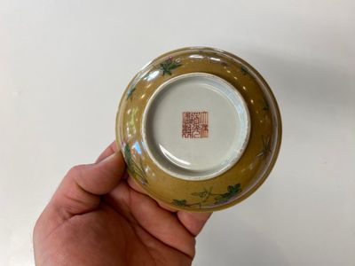 Paire de bols en porcelaine de Chine famille rose à décor de sauterelles sur fond café au lait, marque et époque de Daoguang — photo 2