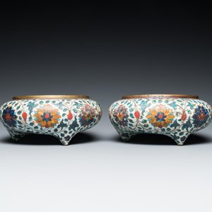Paire de brûle-parfums tripods en émaux cloisonnés, Chine, marque Fang Ming, Qing — photo 5