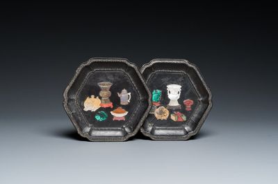 Paire de coupes en laque montées de pierres semi-précieuses, Kangxi