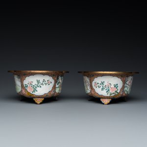 Paire de jardinières à quatre lobes en émaux de Canton, Chine, marque de Qianlong, 19ème — photo 5