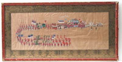 Paire de peintures chinoises sur soie, encadrée, avec procession impérial, 19e-20e