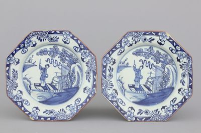 Paire de plats anglais en Delft, chinoiserie, Liverpool, 18e
