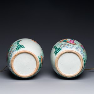 Paire de pots en porcelaine de Chine famille rose à décor de huit immortels montés en lampes, 19ème — photo 3