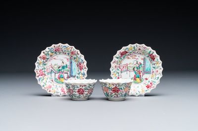 Paire de tasses et soucoupes en porcelaine de Chine famille rose à décor 'Xi Xiang Ji', Yongzheng