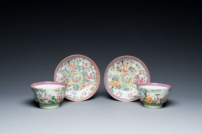 Paire de tasses et soucoupes en porcelaine de Chine famille rose de Canton, 19ème