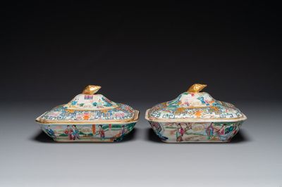 Paire de terrines couvertes en porcelaine de Chine famille rose monogrammées 'CSM', Jiaqing