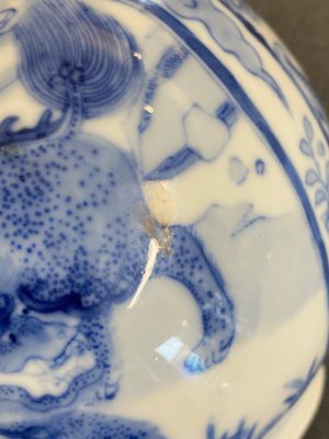 Paire de vases de forme bouteille en porcelaine de Chine en bleu et blanc à décor d'animaux mythiques, 19ème — photo 13