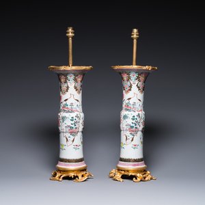 Paire de vases en porcelaine de Chine famille rose montés en lampes en bronze doré, Yongzheng — photo 1