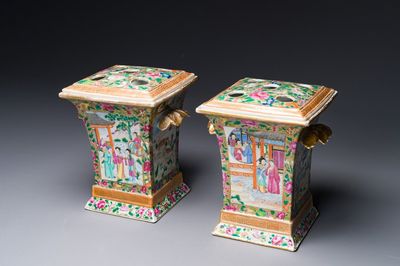 Paire pots aux fleurs en porcelaine de Chine famille rose de Canton, 19ème