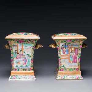 Paire pots aux fleurs en porcelaine de Chine famille rose de Canton, 19ème — photo 2