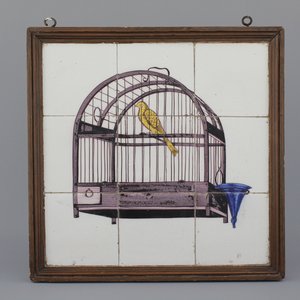 Panneau de 9 carreaux en faïence de Delft, décor oiseau en cage, 18e — photo 1