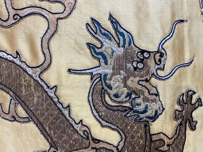 Panneau de forme rectangulaire en soie brodée à décor de seize dragons à cinq griffes sur fond jaune, marque Da Ming 大明, Chine, 19ème — photo 11