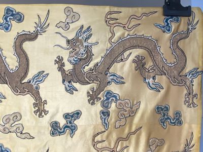 Panneau de forme rectangulaire en soie brodée à décor de seize dragons à cinq griffes sur fond jaune, marque Da Ming 大明, Chine, 19ème — photo 2