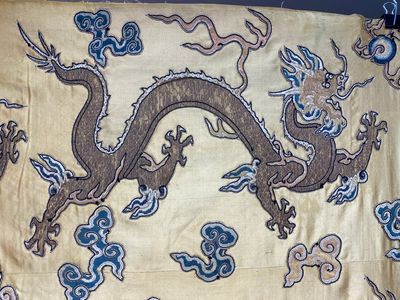 Panneau de forme rectangulaire en soie brodée à décor de seize dragons à cinq griffes sur fond jaune, marque Da Ming 大明, Chine, 19ème — photo 4