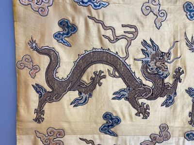 Panneau de forme rectangulaire en soie brodée à décor de seize dragons à cinq griffes sur fond jaune, marque Da Ming 大明, Chine, 19ème — photo 6
