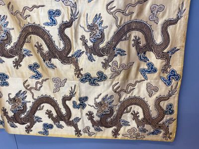 Panneau de forme rectangulaire en soie brodée à décor de seize dragons à cinq griffes sur fond jaune, marque Da Ming 大明, Chine, 19ème — photo 9