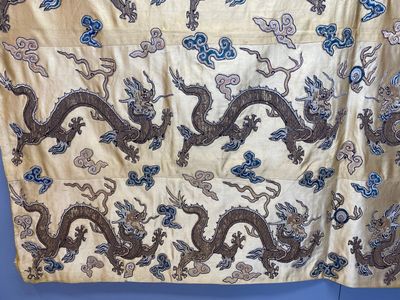 Panneau de forme rectangulaire en soie brodée à décor de seize dragons à cinq griffes sur fond jaune, marque Da Ming 大明, Chine, 19ème — photo 10